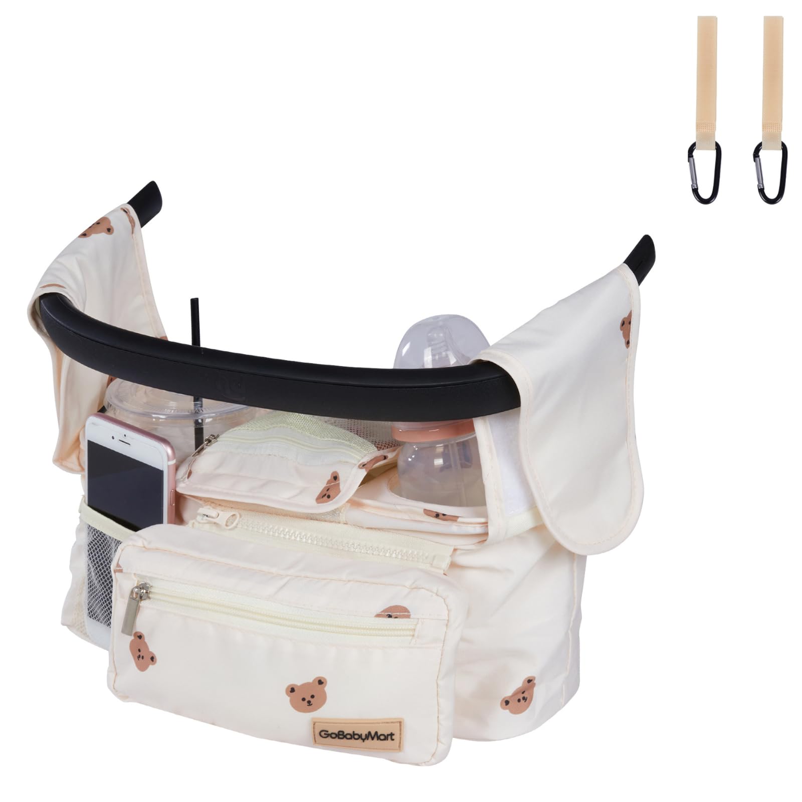 GoBabyMart universal stroller organizer strap attachment demonstrates secure attachment for hands-free access.