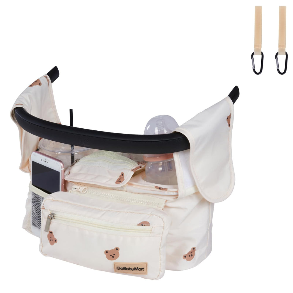 GoBabyMart universal stroller organizer strap attachment demonstrates secure attachment for hands-free access.