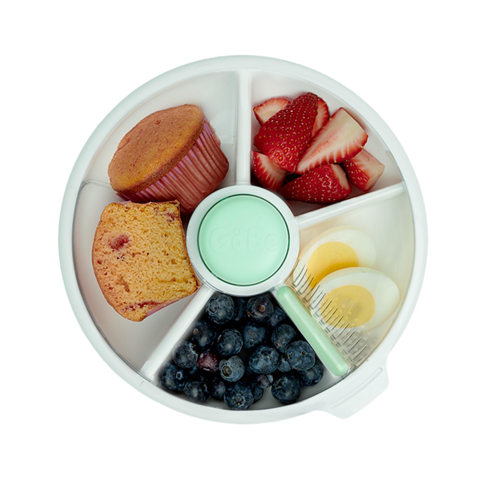 GoBe Kids Snack Spinner front view with mint green color and four compartments for varied snacks