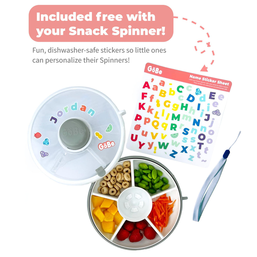 GoBe Kids snack spinner grey side view highlighting portable, mess-free on-the-go snacking.