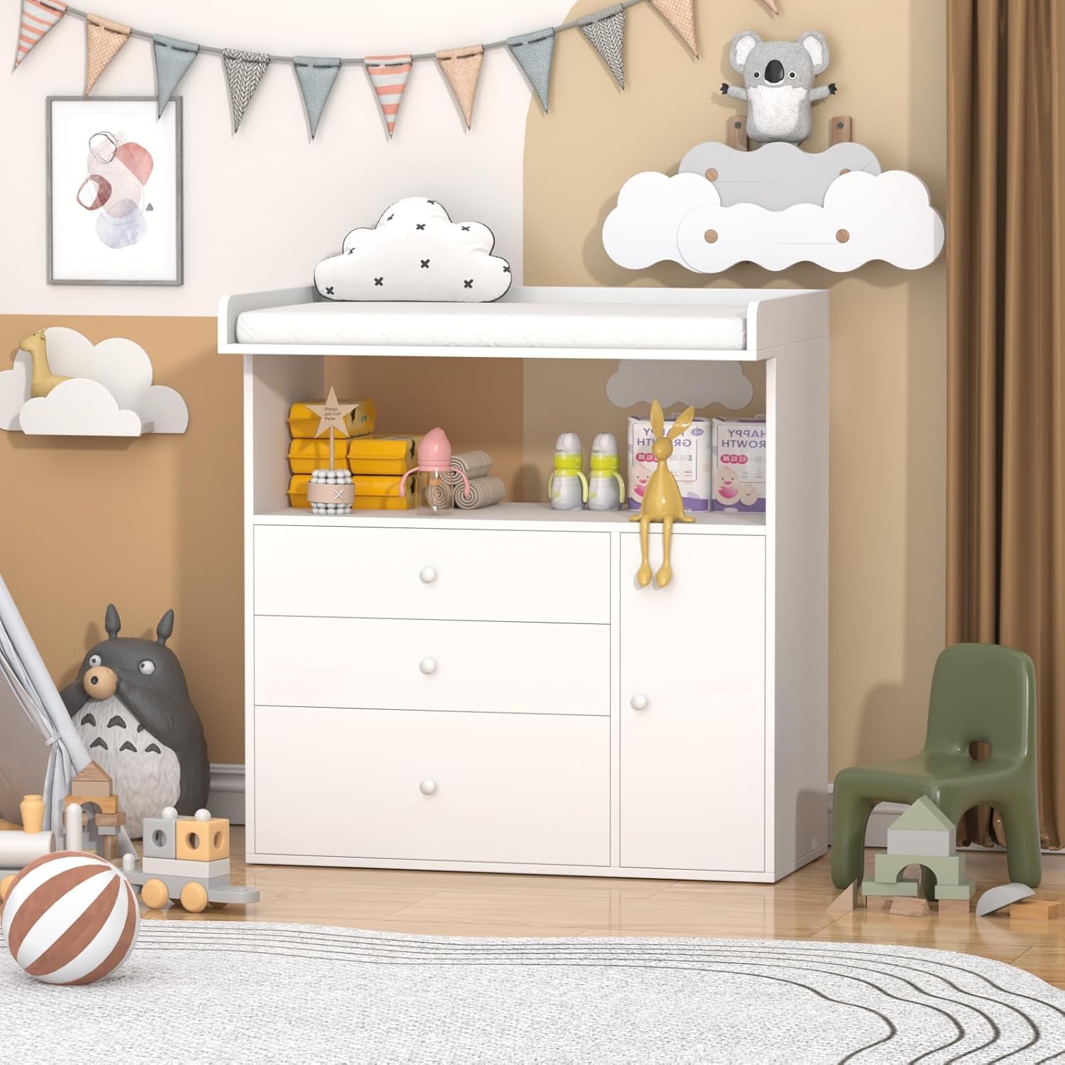 GOFEI changing table dresser showing three drawers for organized diapering essentials