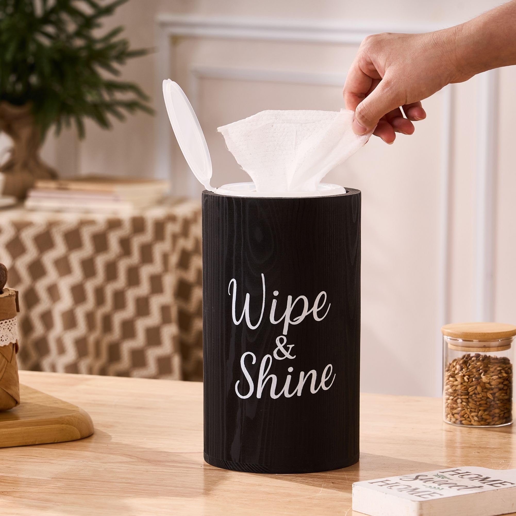 GoFika wood disinfecting wipe dispenser closeup-wood grain—natural warmth complements busy workspaces.