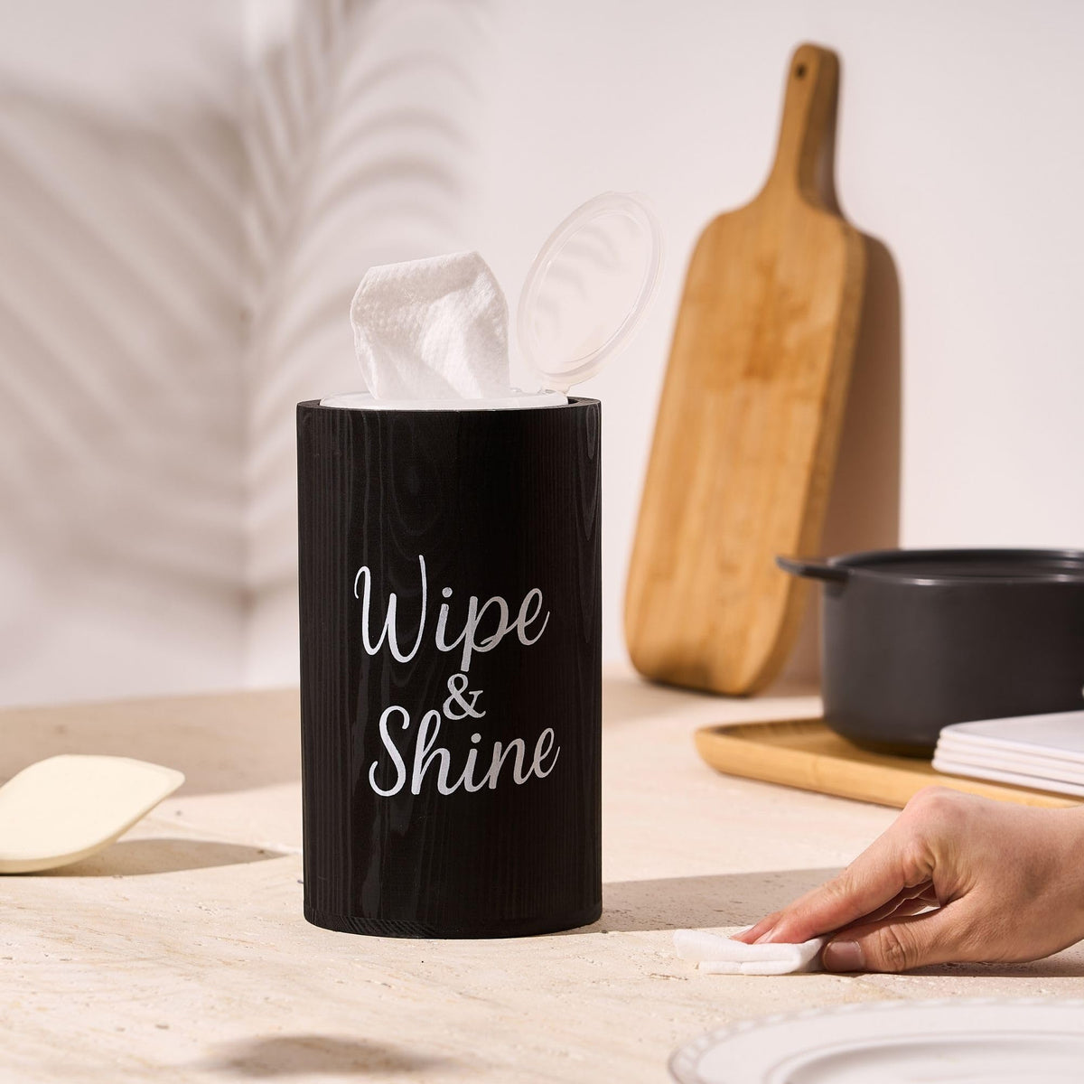 GoFika wood disinfecting wipe dispenser top view—compact, moisture-sealing for fresh wipes.