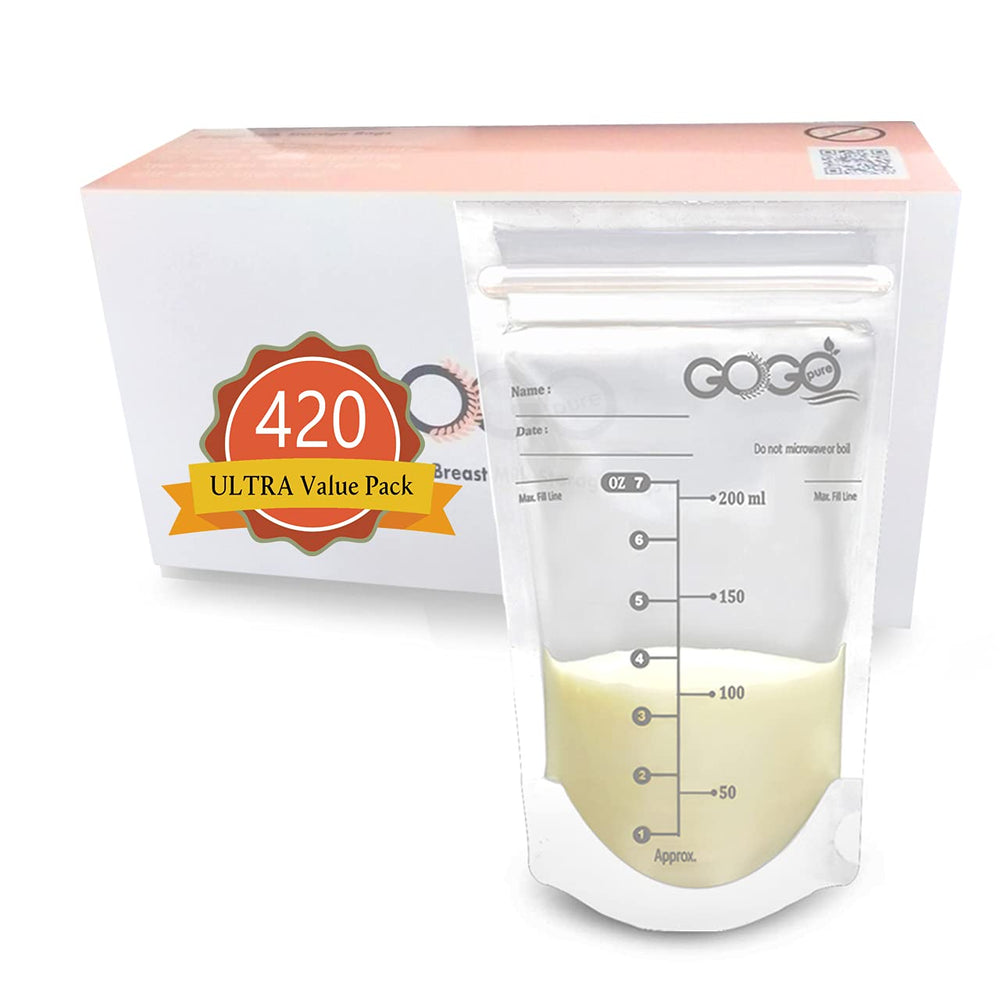 GOGO pure breastmilk bags with 7 oz capacity for neat, organized storage.