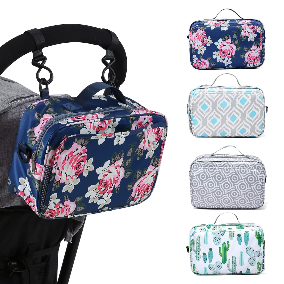 GOGOSO Baby Stroller Organizer front view with flower design and easy-access pockets for quick essentials.