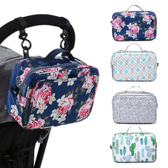GOGOSO Baby Stroller Organizer front view with flower design and easy-access pockets for quick essentials.