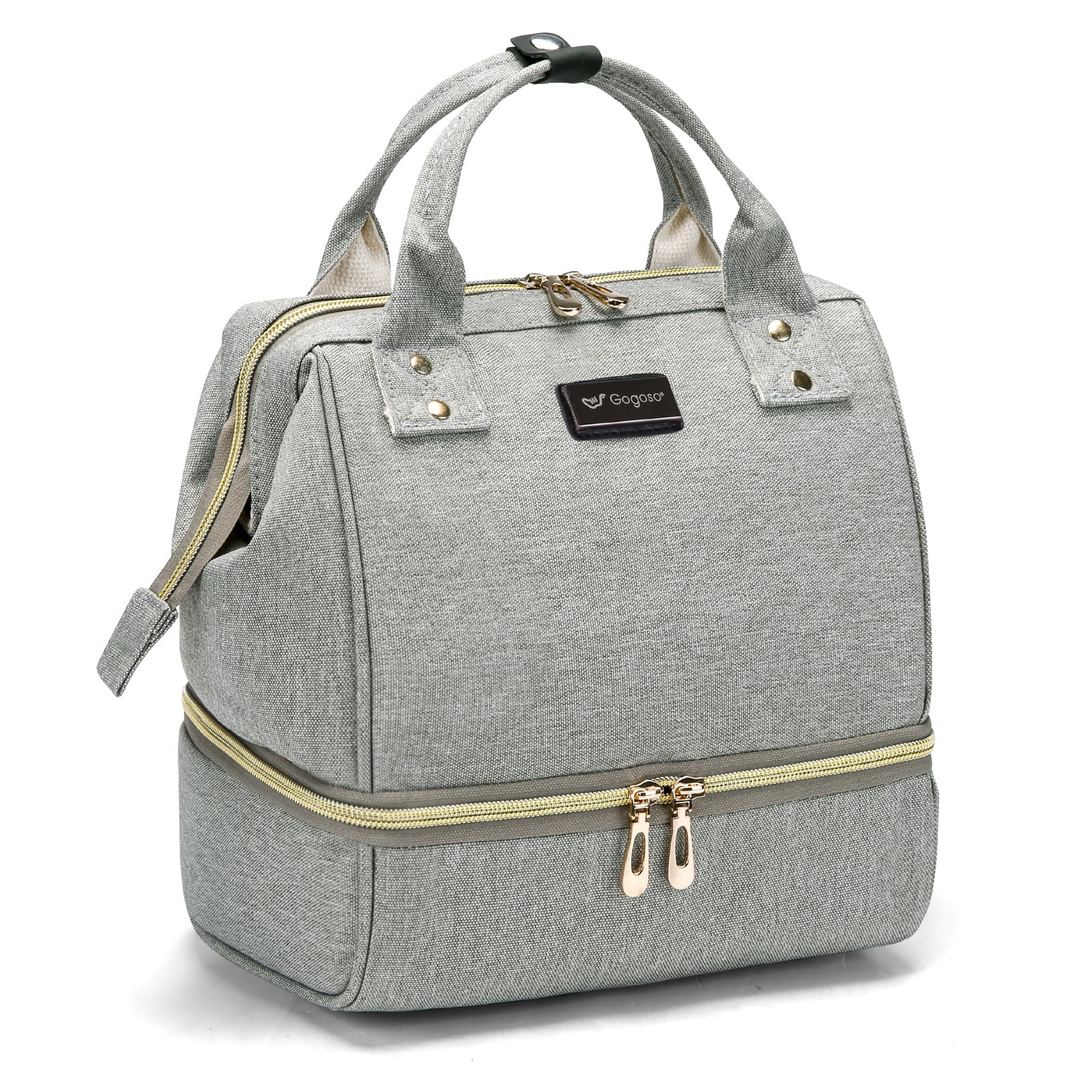 GOGOSO breast pump bag grey exterior with stylish on-the-go design and organized pockets.