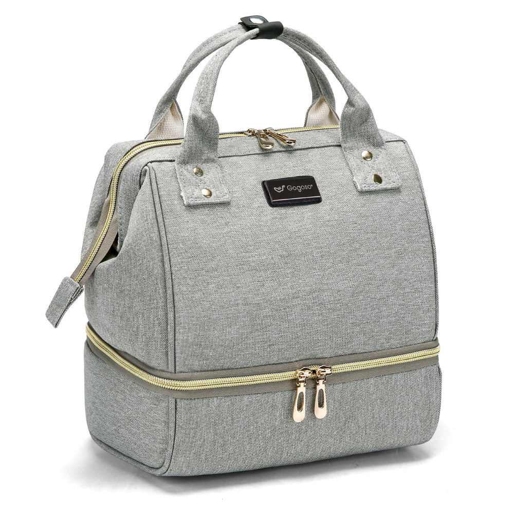 GOGOSO breast pump bag grey exterior with stylish on-the-go design and organized pockets.