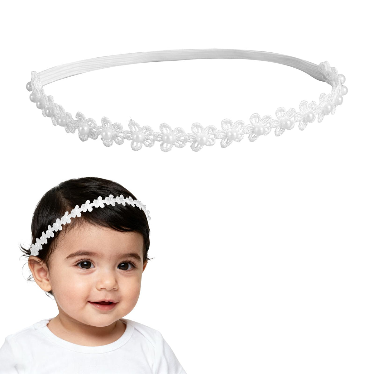 Goktvai baptism headband closeup shows pearl lace detail for a refined ceremony look.