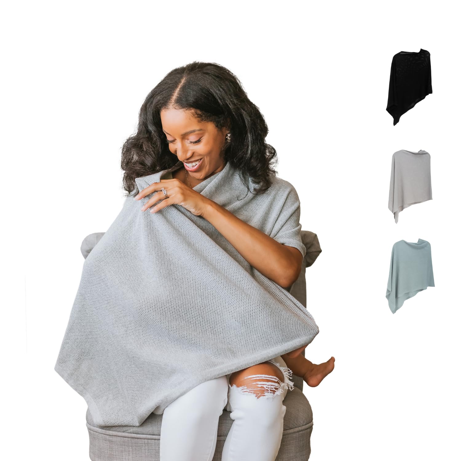 Gold Mamas Ponchy nursing-cover gray poncho-style for discreet feeding on the go.