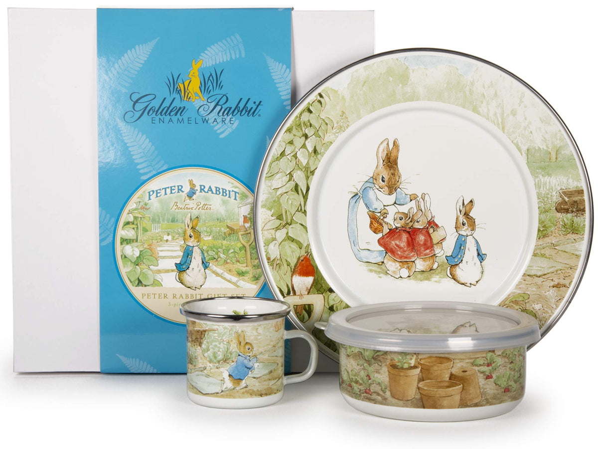 Golden Rabbit enamelware dinnerware set with Peter Rabbit, designed for durable kid-friendly meals.