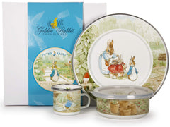 Golden Rabbit enamelware dinnerware set with Peter Rabbit, designed for durable kid-friendly meals.