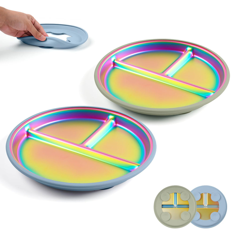 Goldusk rainbow plates set captures toddler attention for engaging self-feeding during meals.