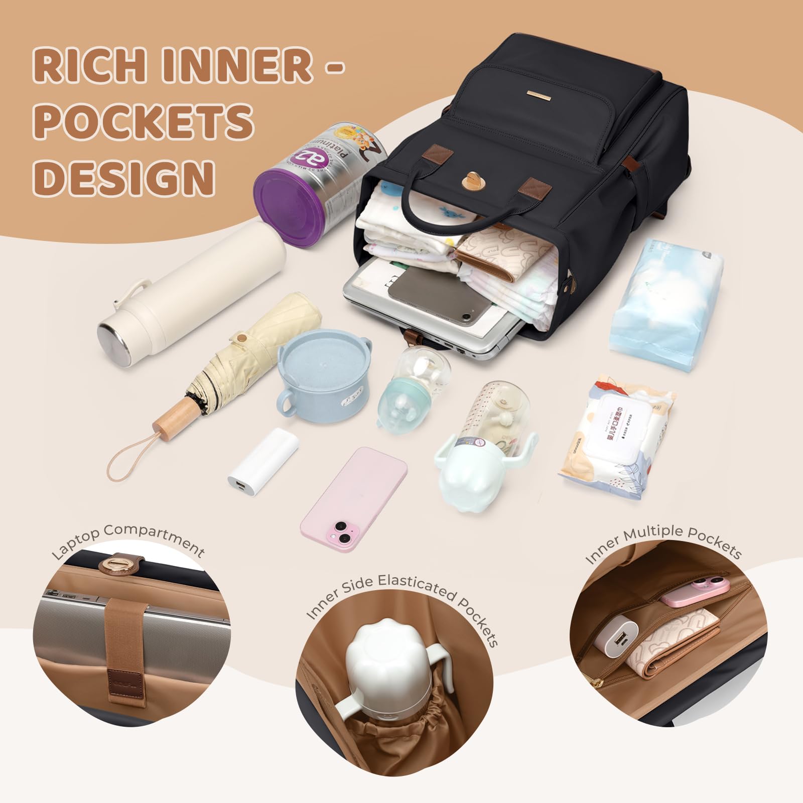 GOLF QUALITY diaper bag backpack side pocket demonstrates easy-access wipes storage.