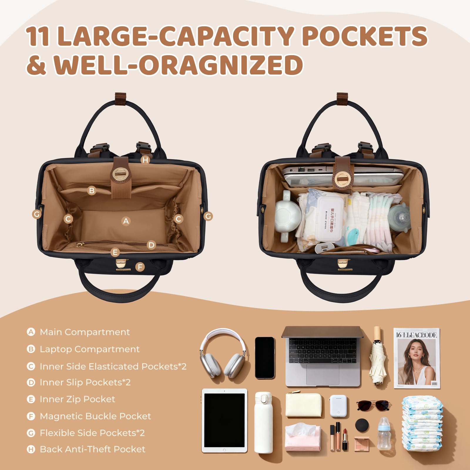 GOLF QUALITY diaper bag backpack stroller hook enables hands-free strolling.