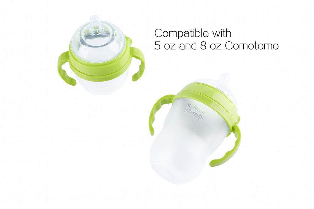 GOLOHO green bottle handle with 5oz bottle showing compatibility for smooth feeding