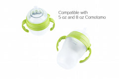GOLOHO green bottle handle with 5oz bottle showing compatibility for smooth feeding