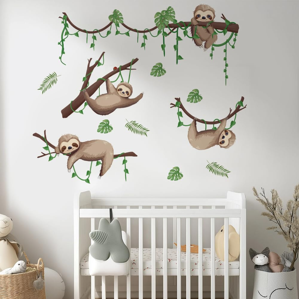 GOMAKERER sloth wall stickers on a bedroom wall for cheerful vibes.