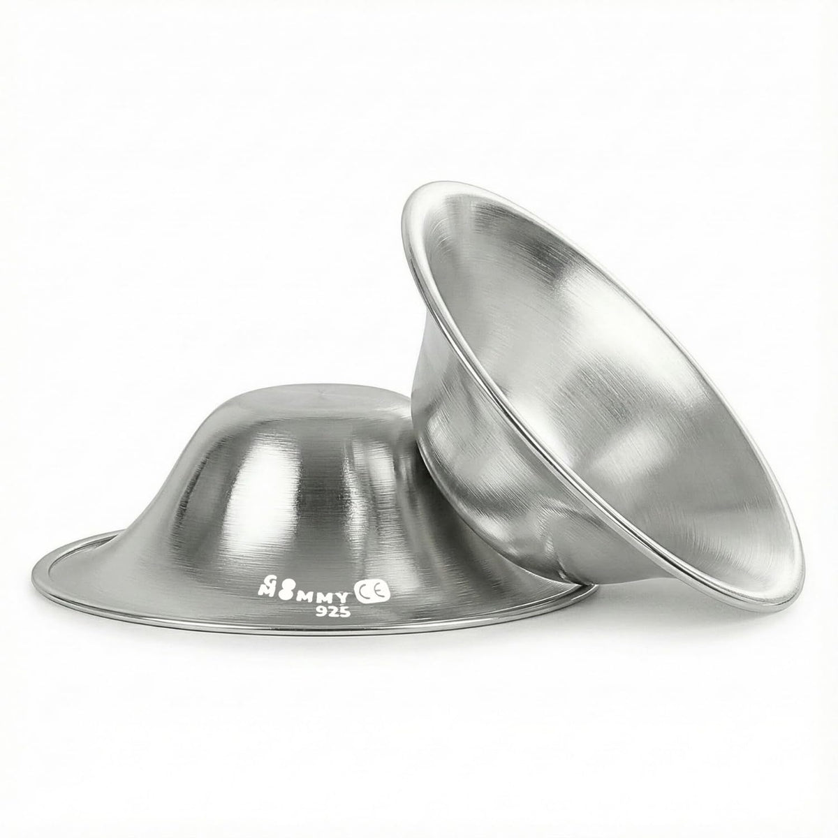 GoMommy silver nipple shields close-up showing smooth edges for comfortable, soothing relief.