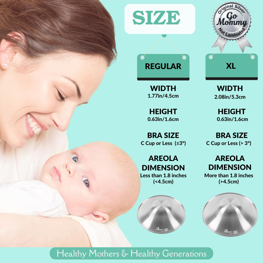 GoMommy silver nipple shields packaging emphasizes baby-safe, chemical-free relief.
