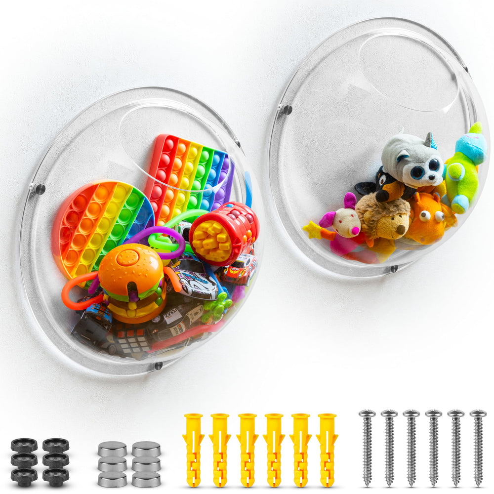 Gomos acrylic wall organizer 2pack setup shows compact, space-saving wall storage for toys.