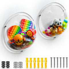 Gomos acrylic wall organizer 2pack setup shows compact, space-saving wall storage for toys.