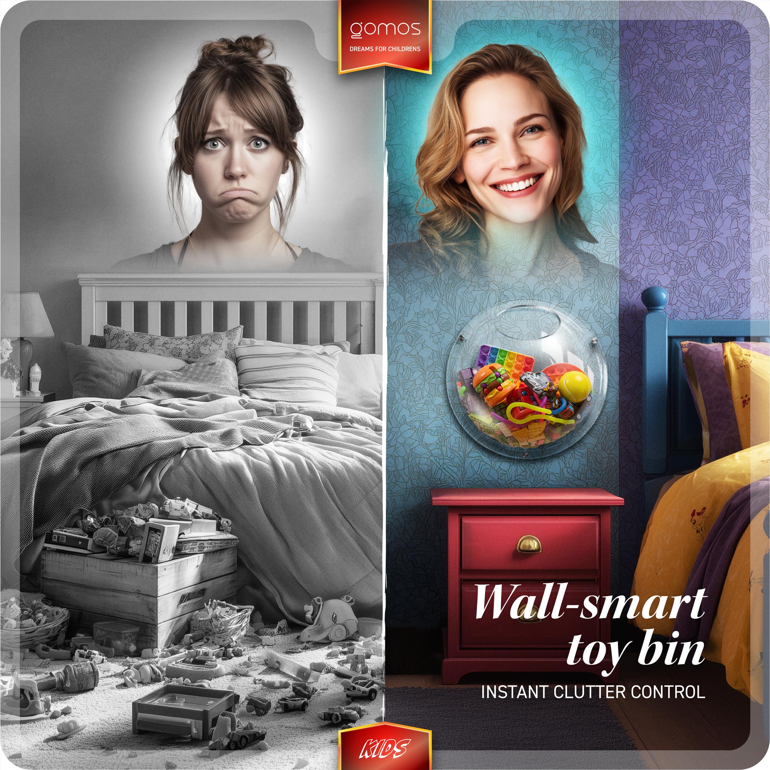 Gomos transparent bubble organizer wall-mounted offers clear visibility for quick toy access.