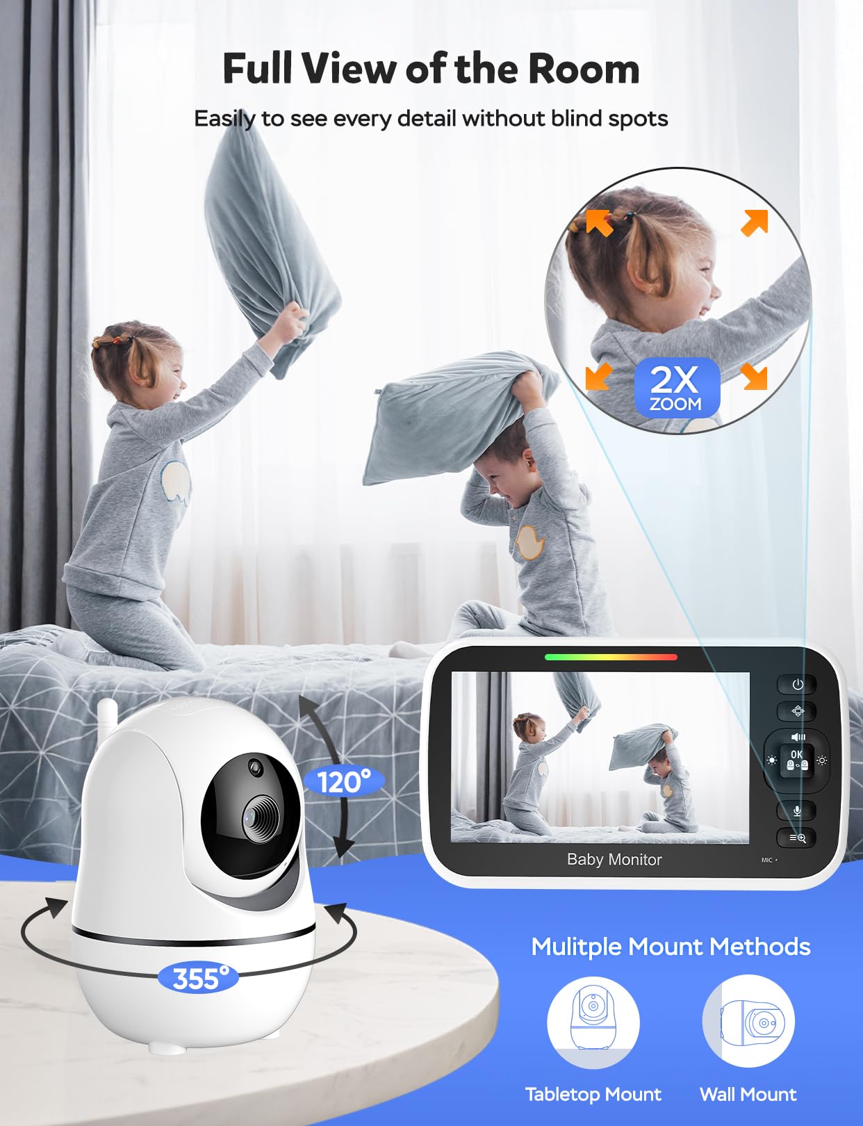 GoodBaby monitor tilt 120 degrees provides flexible viewing from crib to doorway.