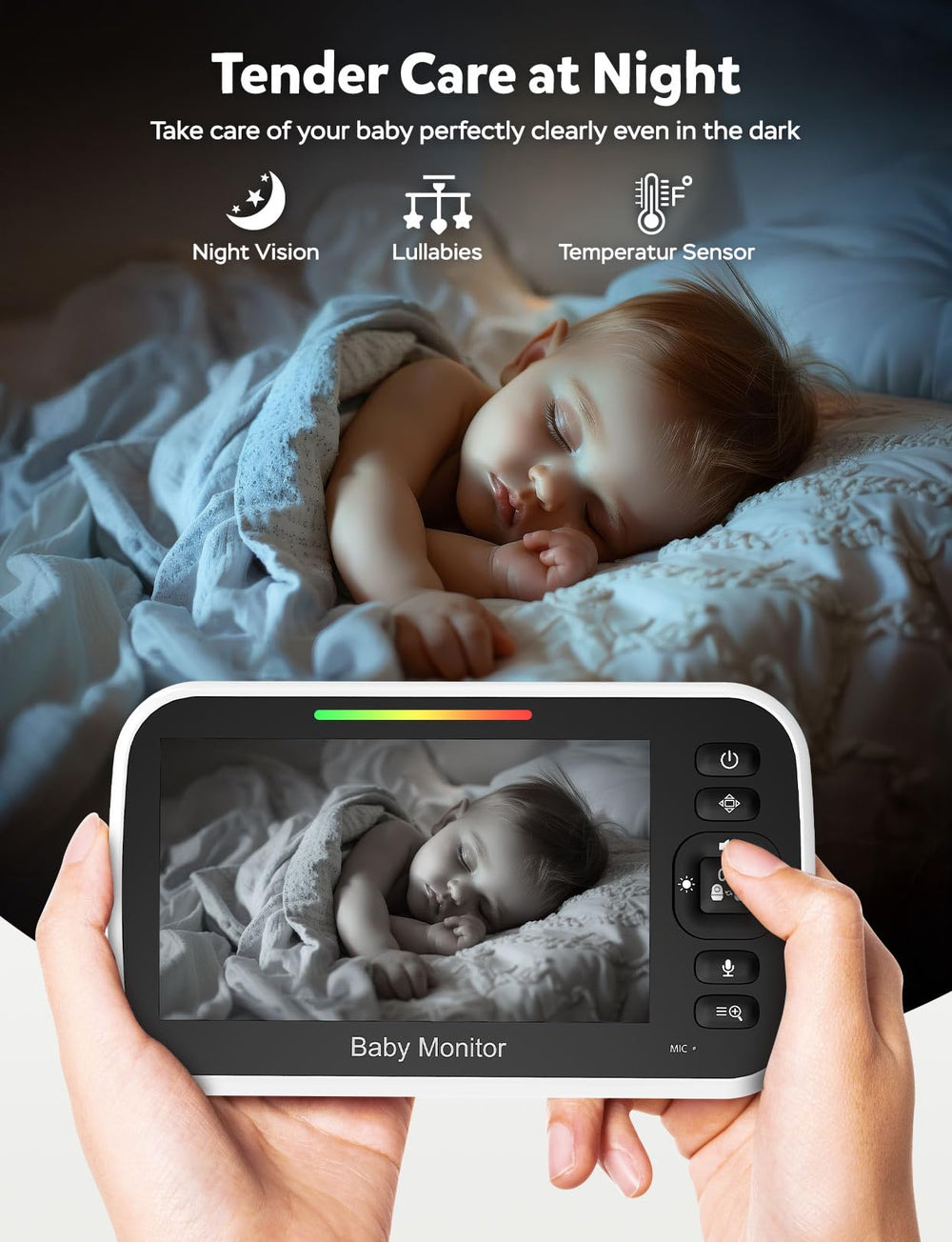 GoodBaby VOX mode extends battery life by waking the screen on sound detection.