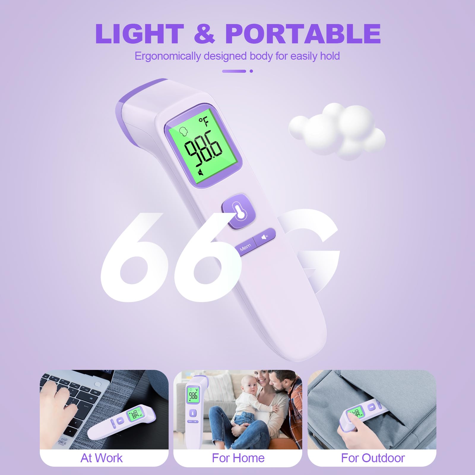 GoodBaby No-Touch Thermometer purple-design for stylish bedside use.