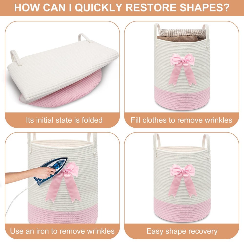 Goodheim nursery setup with pink hamper illustrates stylish baby storage