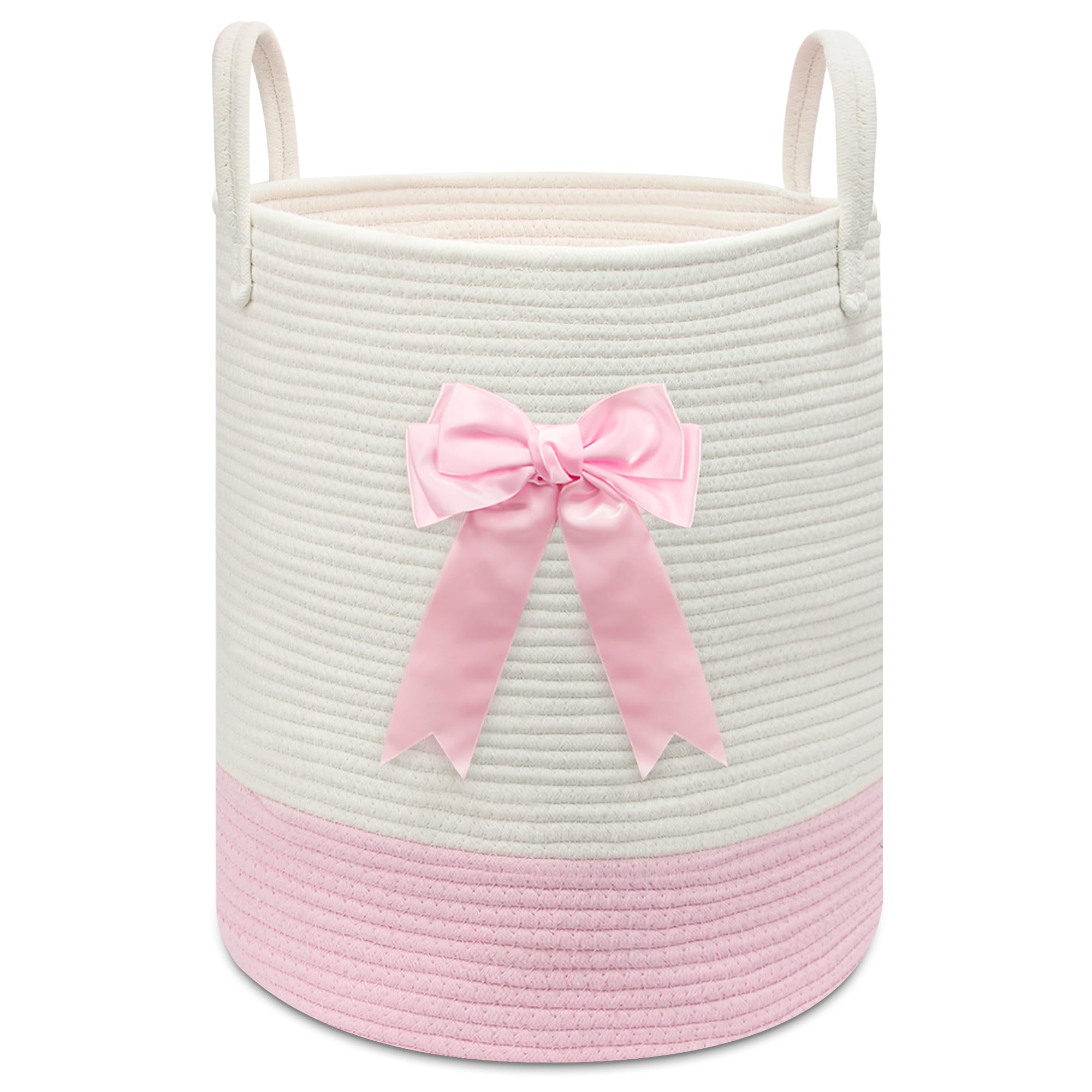 Goodheim pink-woven laundry hamper with bow adds charming nursery storage