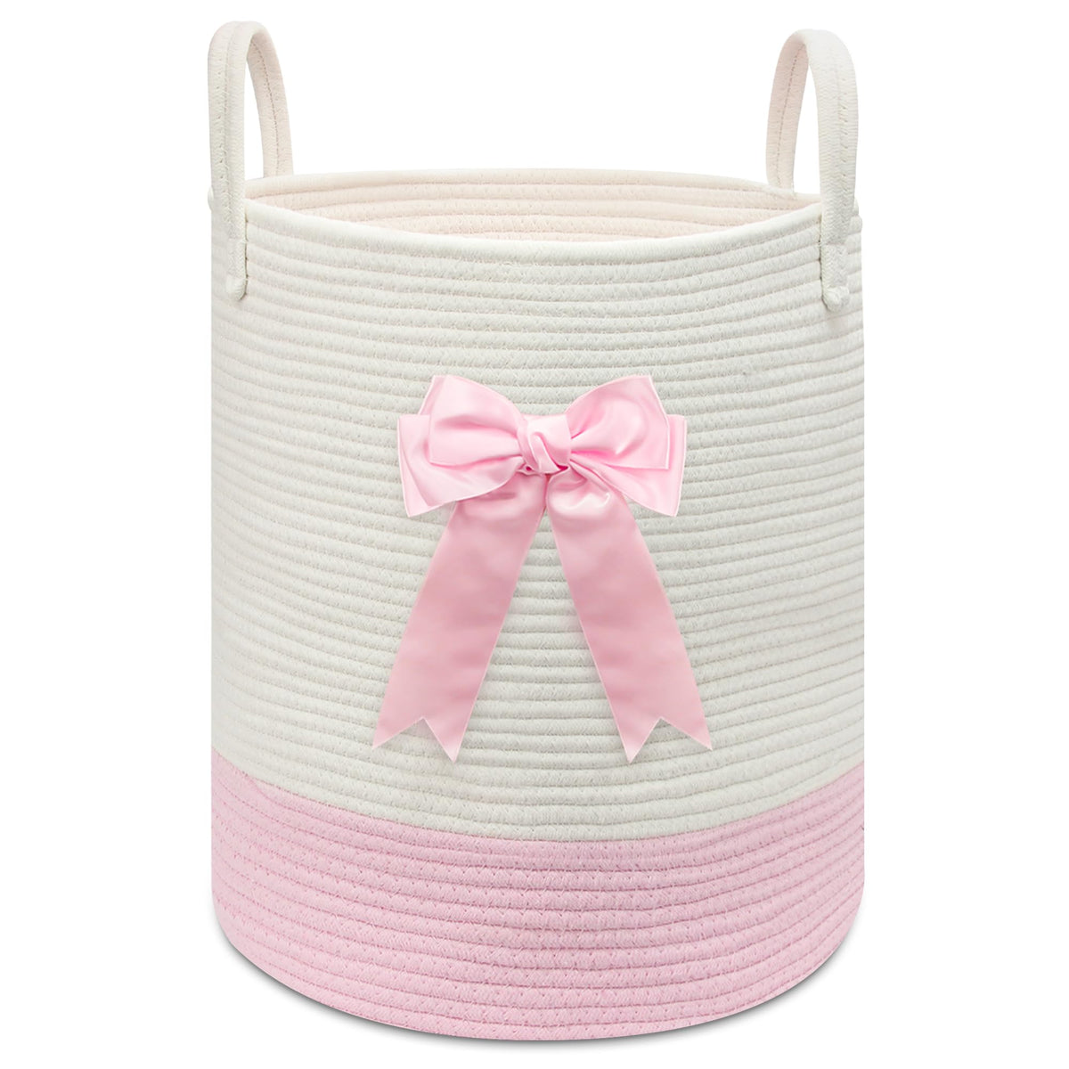 Goodheim pink-woven laundry hamper with bow adds charming nursery storage