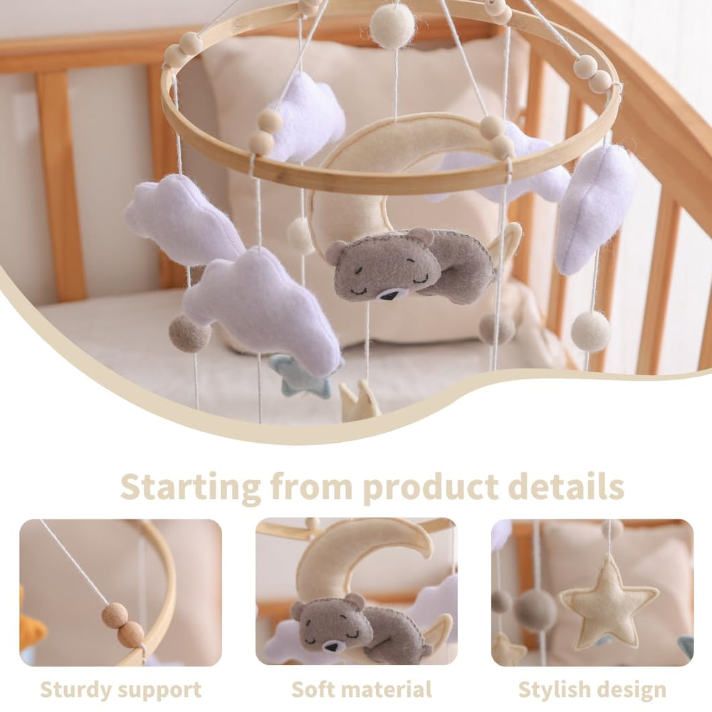 GOODMOM Sleeping Bear Mobile wooden animals offer soft, safe decor to enhance nursery aesthetics.