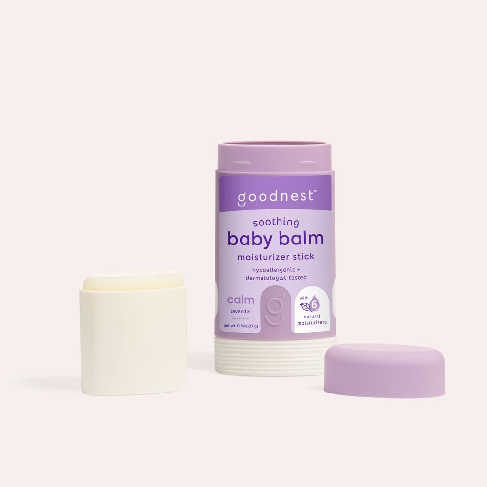 Goodnest baby skin softness with lavender balm in use.