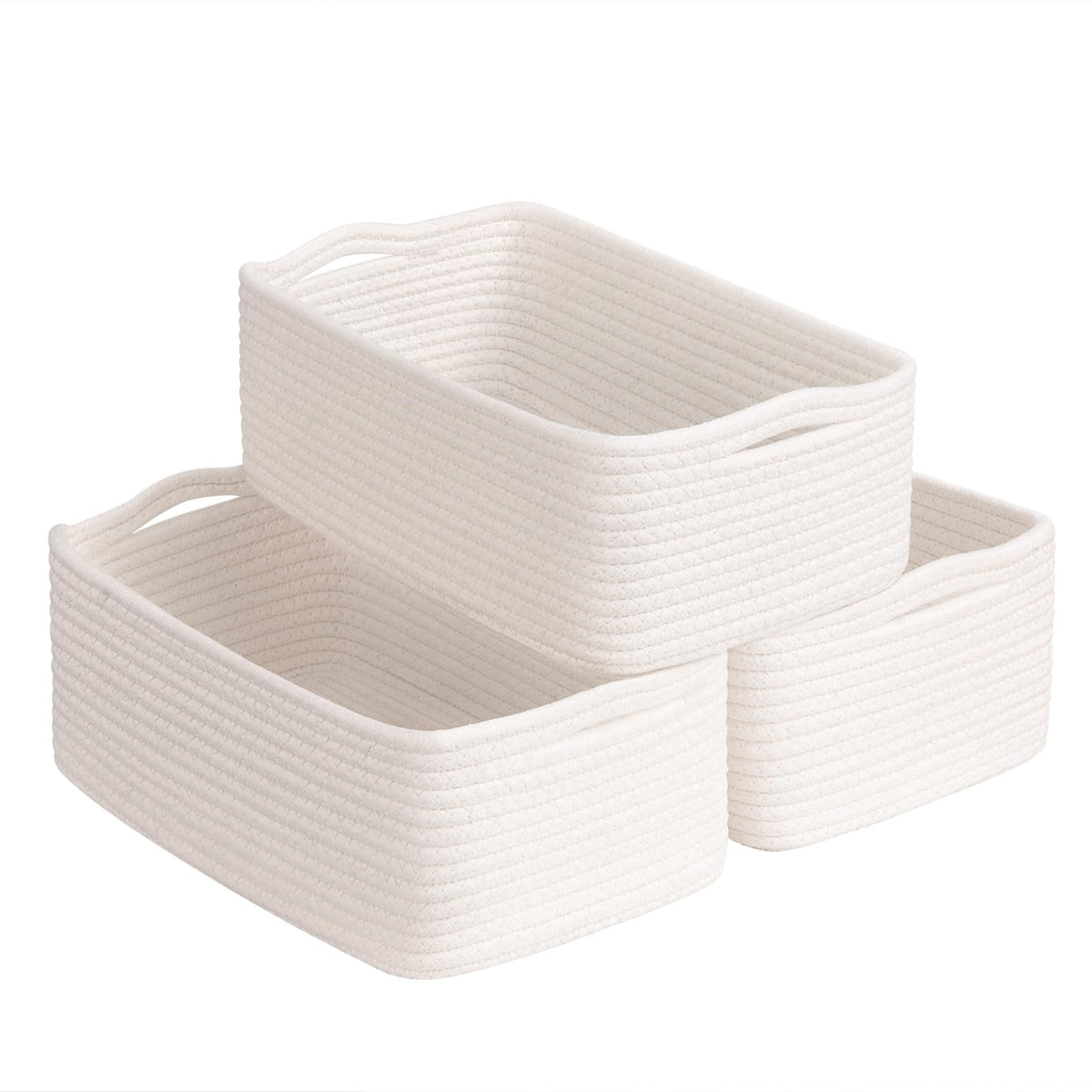 Goodpick 3-pack white cotton rope baskets on shelf provide clutter-free storage for toys and towels.
