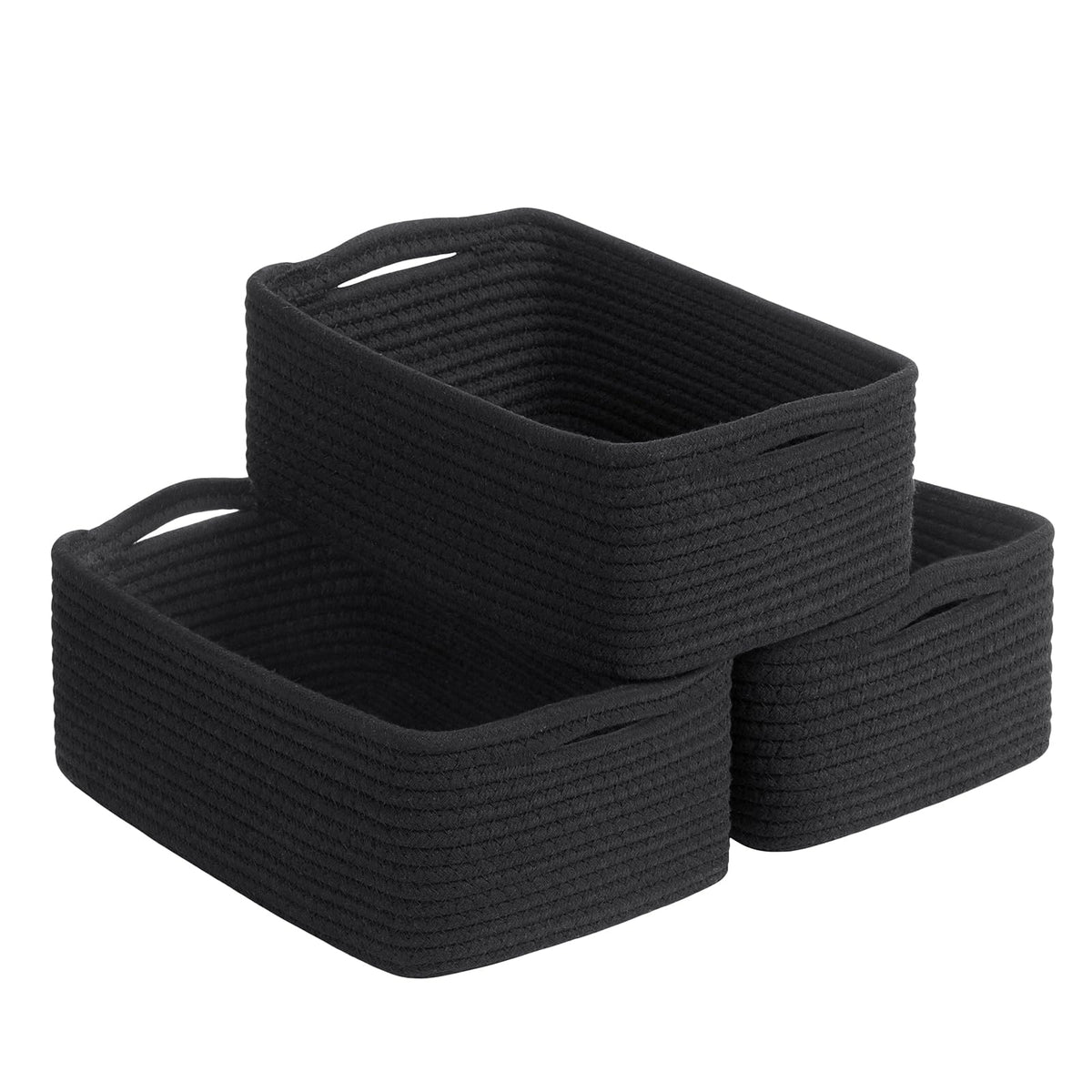 Goodpick basket for shelves in black rope; versatile organizer for towels, toys, and cosmetics.