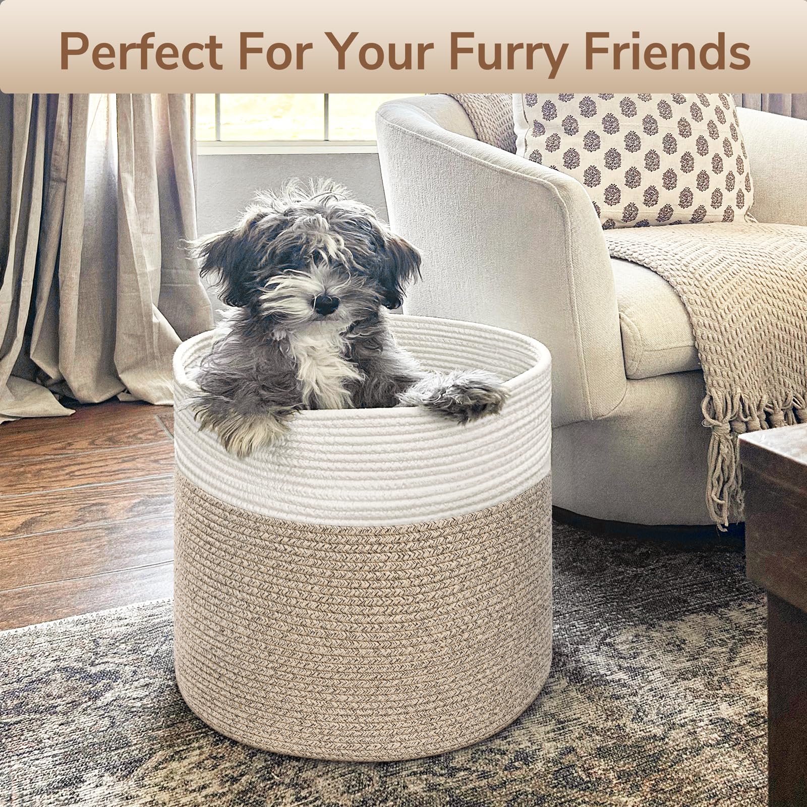 Goodpick rope basket with two handles enables effortless room-to-room movement.
