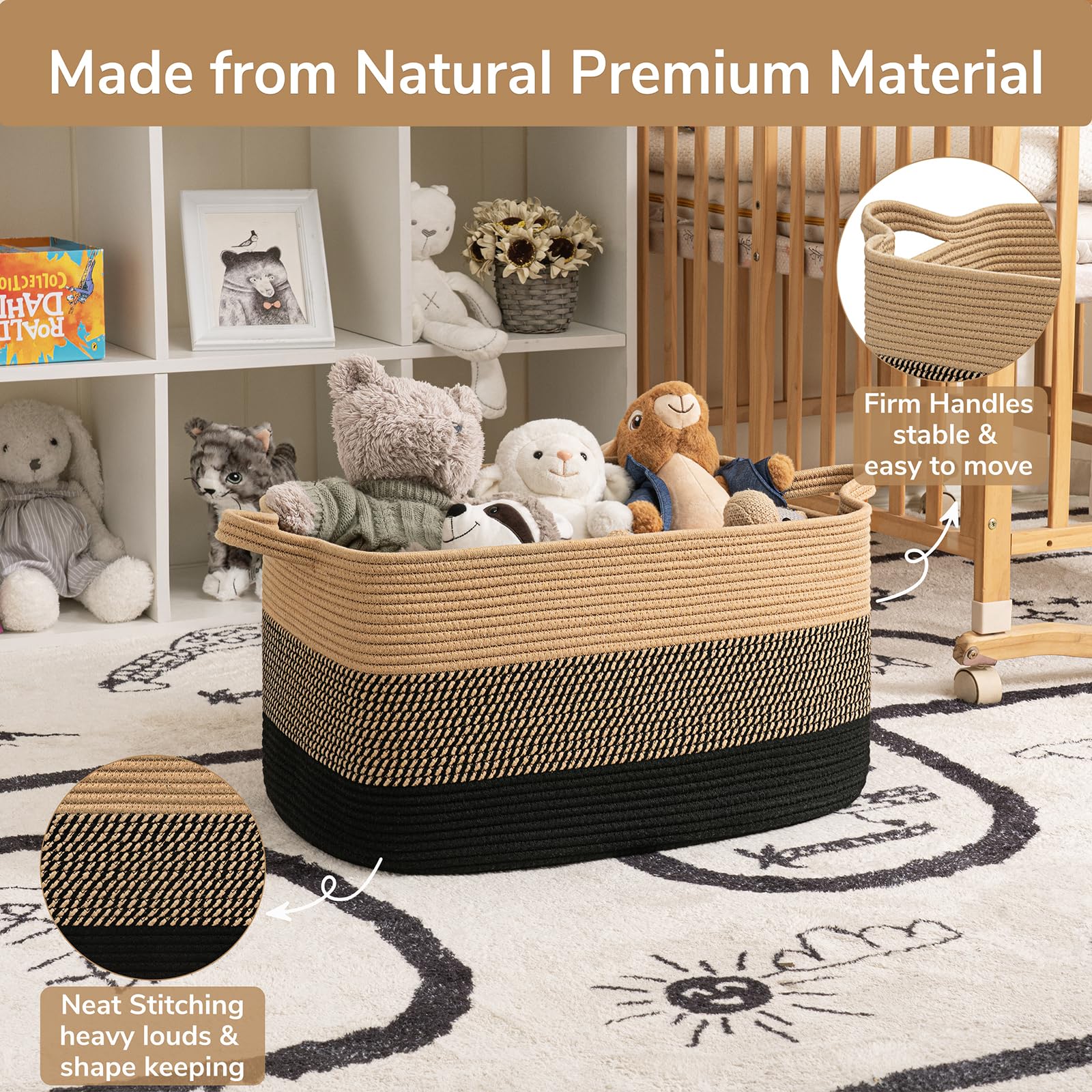 Goodpick black jute basket on floor highlighting sturdy rectangular design and accessibility.