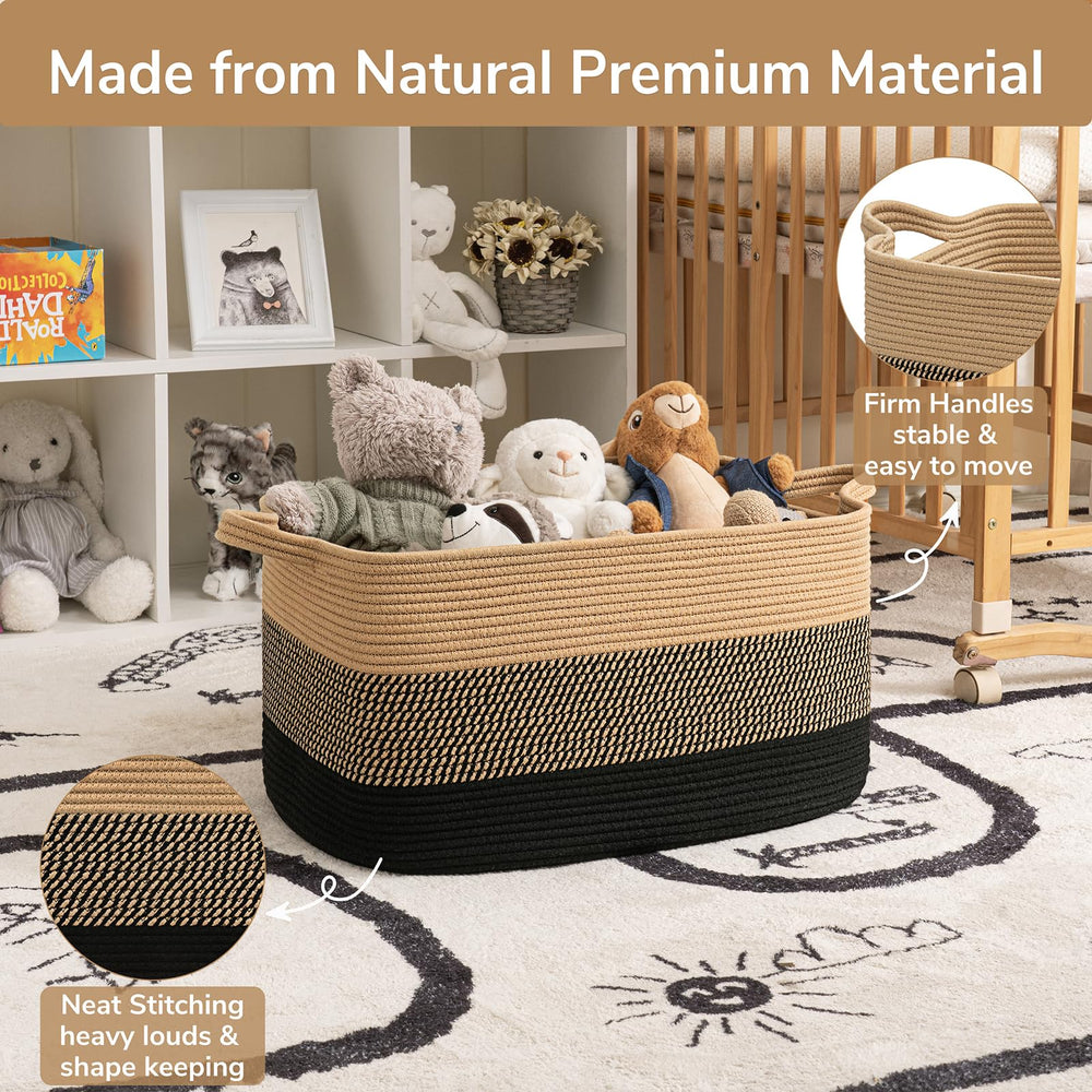 Goodpick black jute basket on floor highlighting sturdy rectangular design and accessibility.