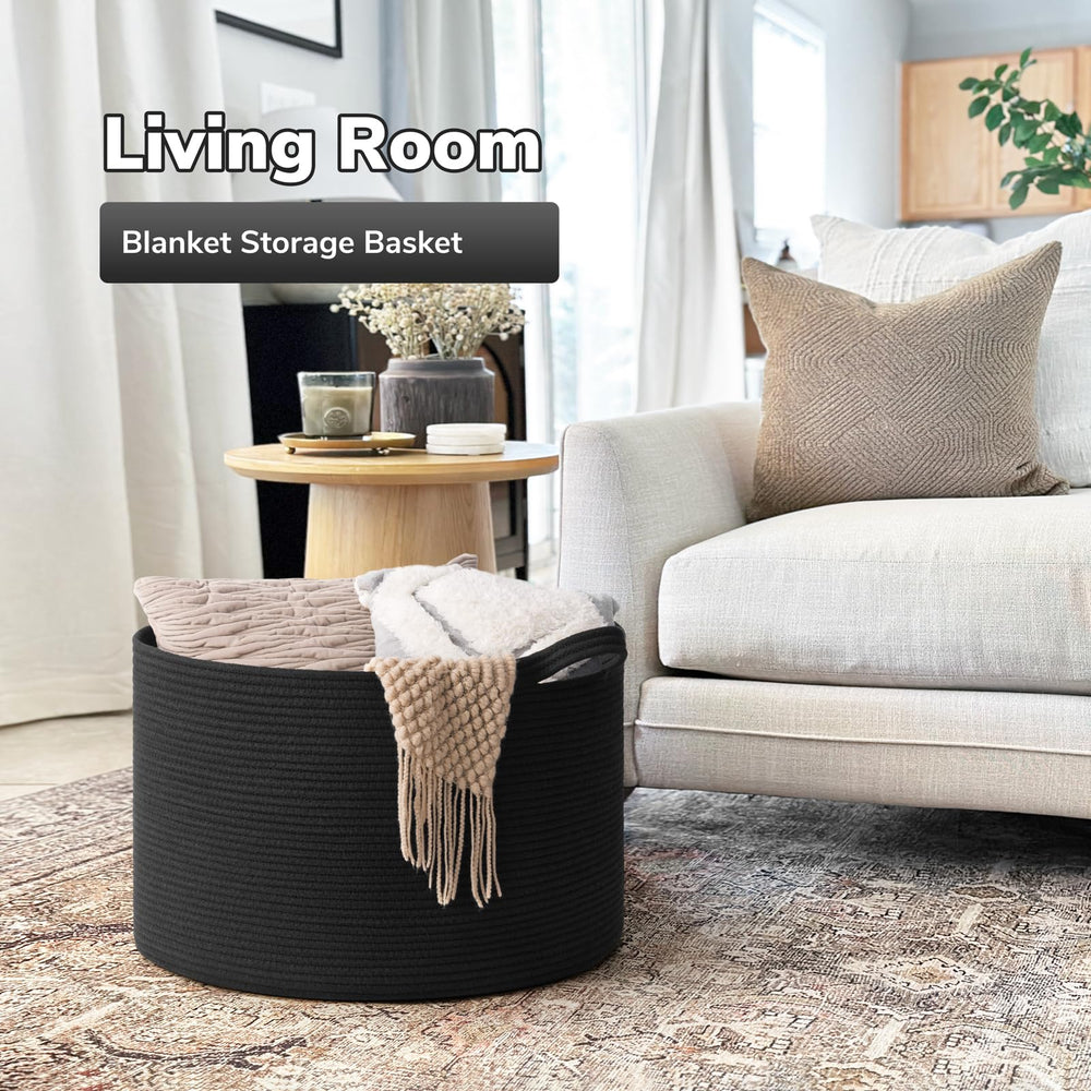 Goodpick Blanket Basket inside with blankets shows generous 65-liter capacity for easy organization