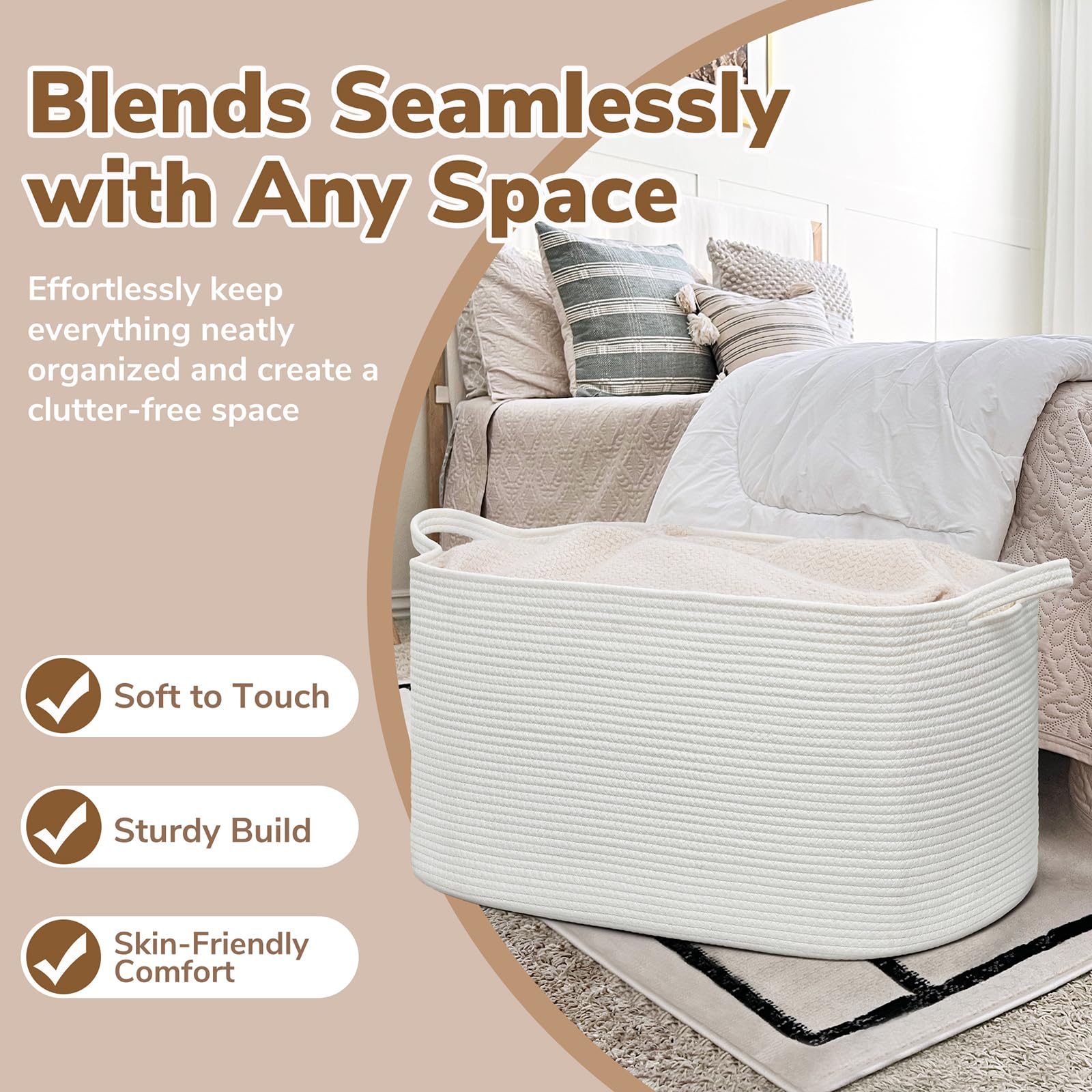 Goodpick blanket basket large white handles emphasize easy transport.