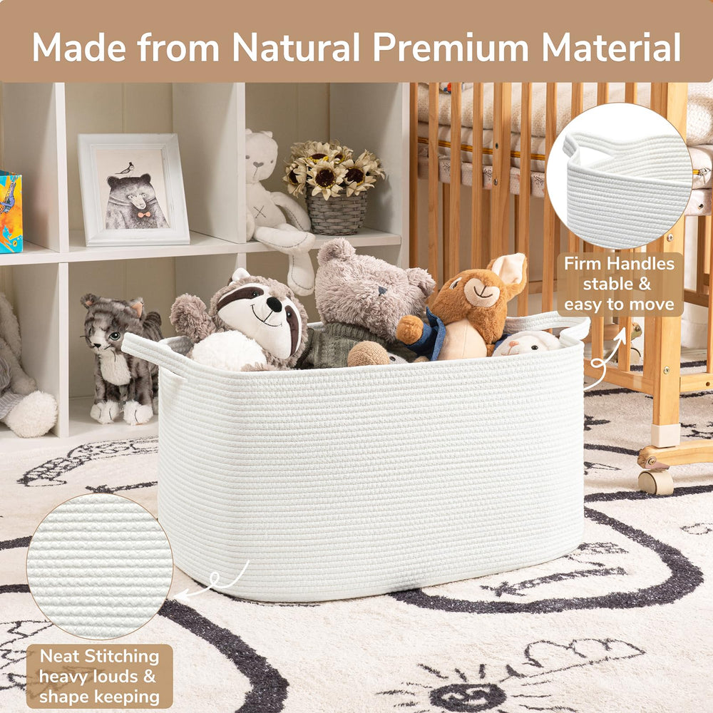 Goodpick blanket basket large white in-use demonstrates versatile living-room storage.