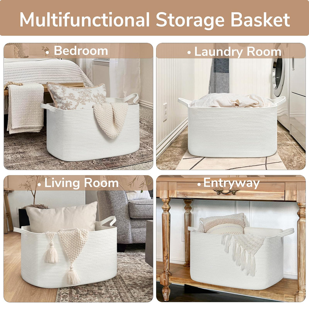 Goodpick blanket basket large white rope-close-up reveals soft, durable texture.