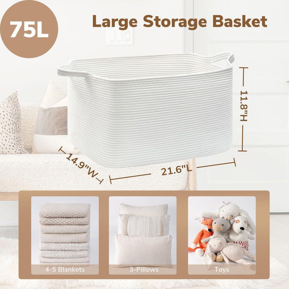 Goodpick blanket basket large white side-view demonstrates room-wide organization.