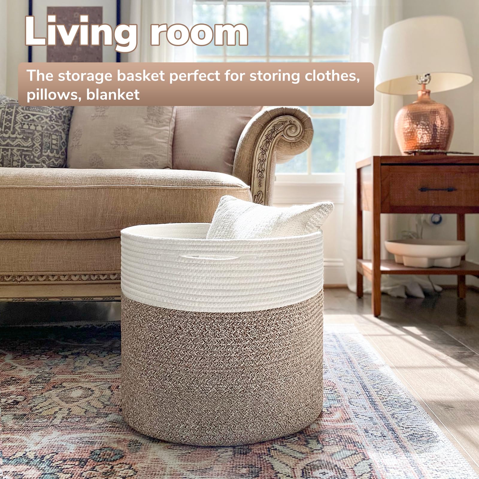 Goodpick blanket basket blends with decor thanks to neutral color.