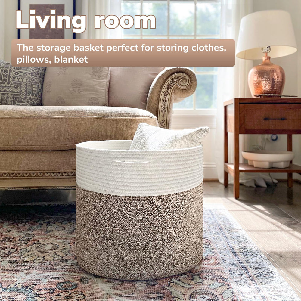 Goodpick blanket basket blends with decor thanks to neutral color.