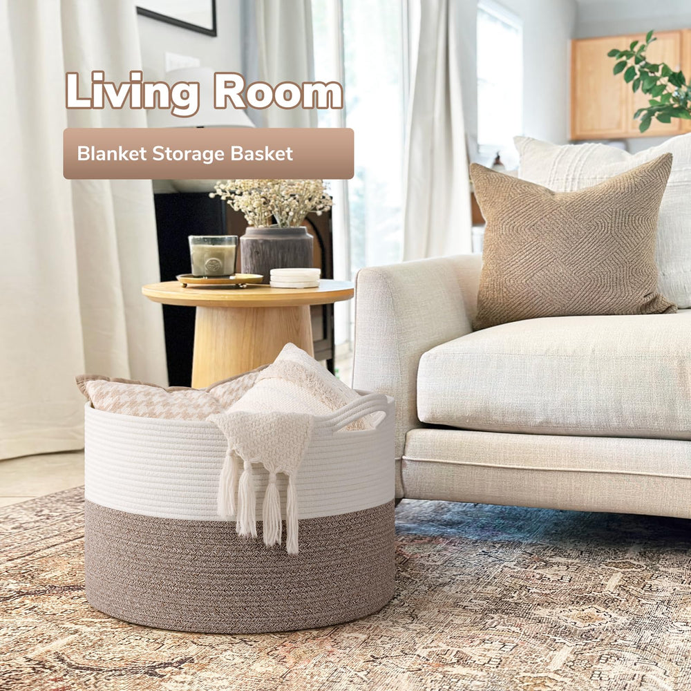 Goodpick Blanket Basket in living room decor adds organized style.