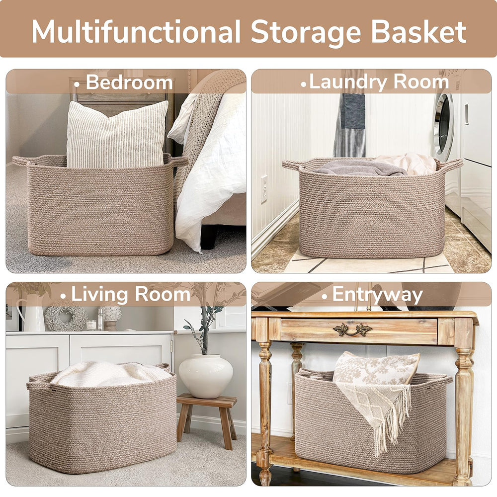 Goodpick Blanket Basket in living room showing organized storage and tidy decor.
