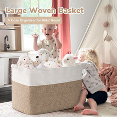 Goodpick blanket basket in living room showcasing tidy toy storage